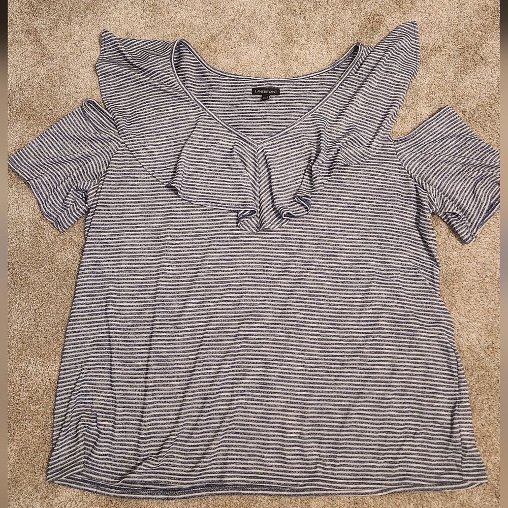 Navy and White Striped Shoulder Peek Ruffle Top